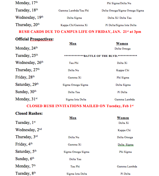 Spring 2011 social club rush calendar