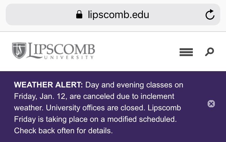 BREAKING NEWS: Lipscomb University classes cancelled for Friday, Jan. 12 due to winter weather conditions